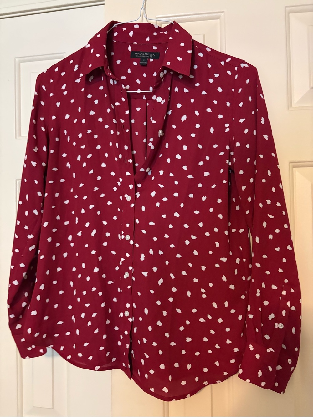 Banana Republic Burgundy Button-Up Blouse with White Spot Print